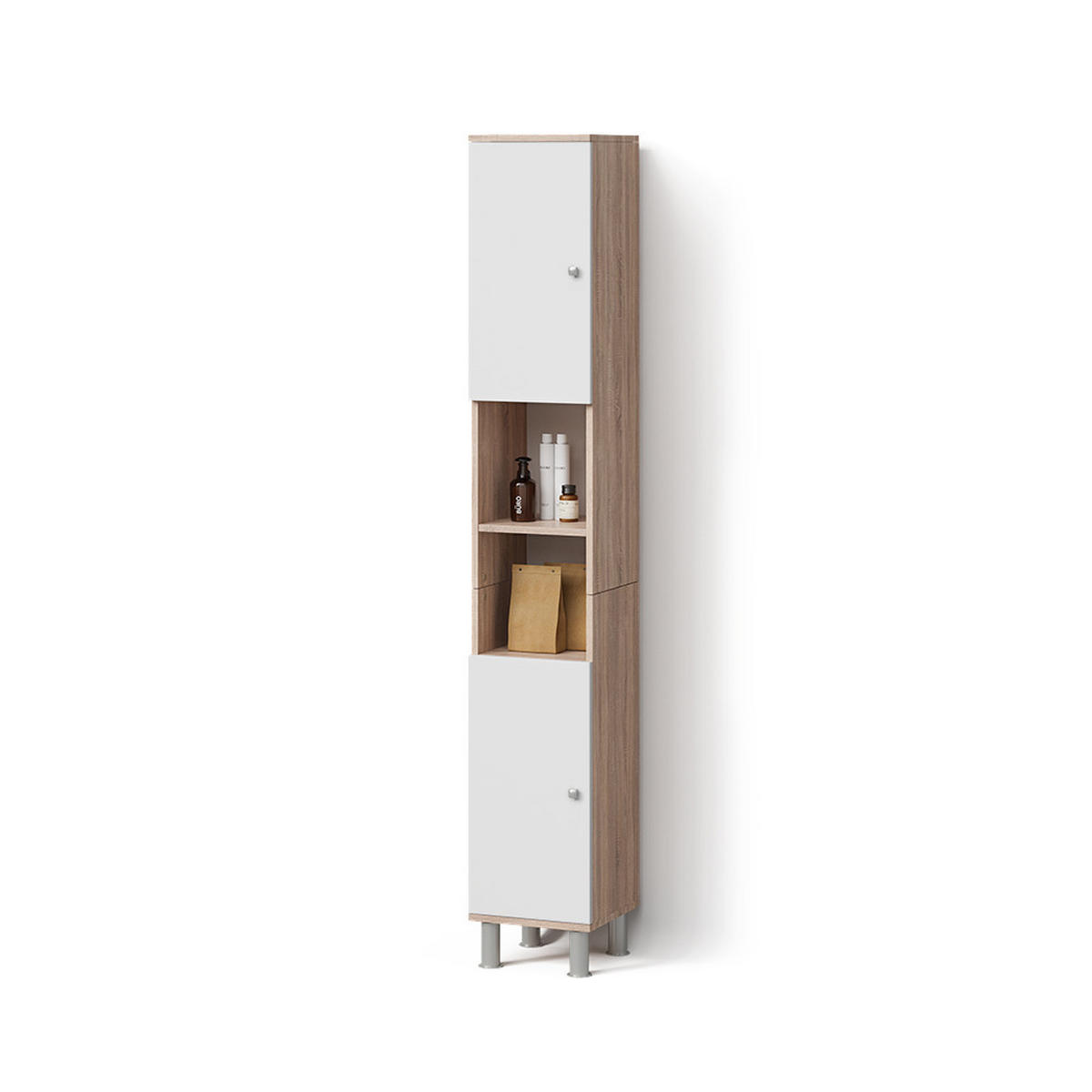 BADSCHRANK Fucino Sonoma 30 x 190 cm - Weiß/Sonoma Eiche, Holzwerkstoff (30/190/30cm) - Livinity®