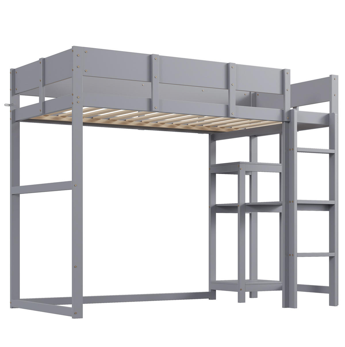 HOCHBETT 90/200 cm mit Ablageregal und Schutzgeländern aus massivem Kiefern, Grau - Grau, Holzwerkstoff (90/200cm) - Redom