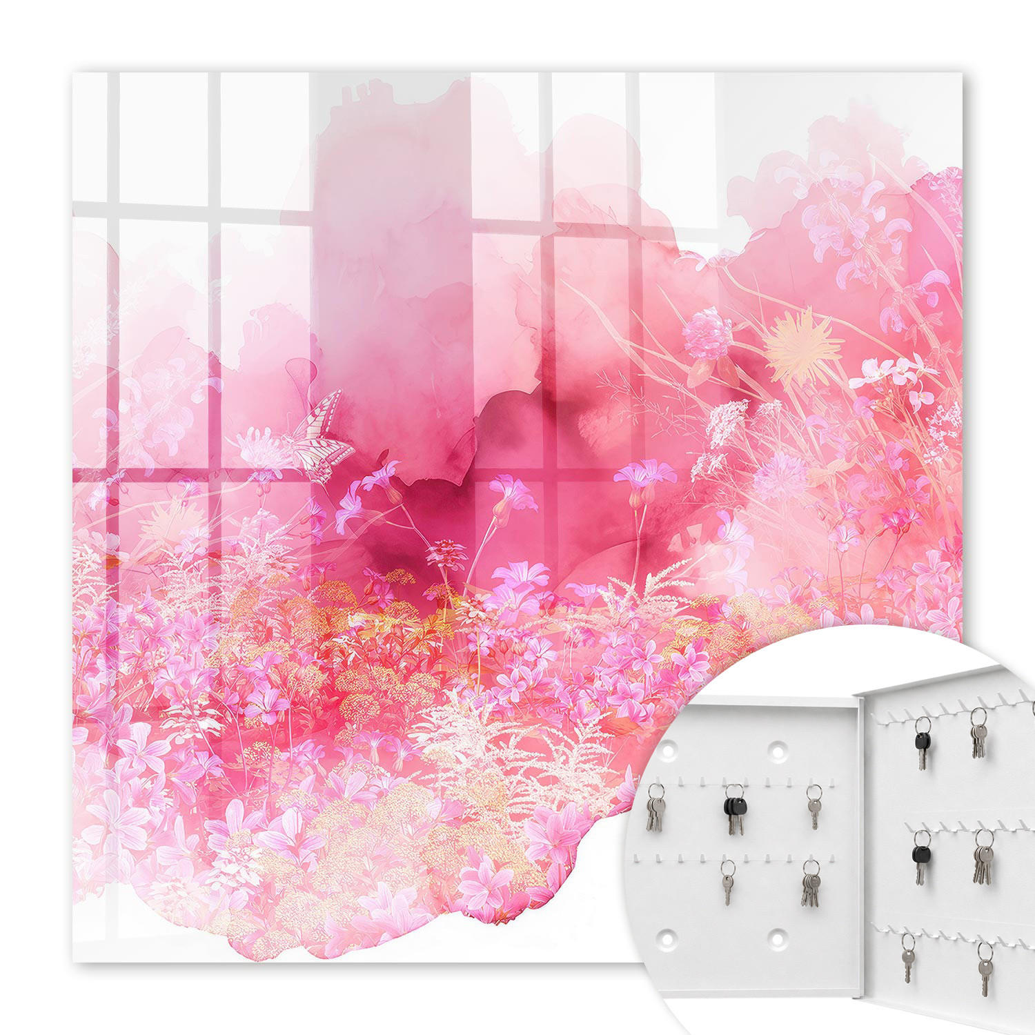 SCHLÜSSELBOX Weiß 30x30 cm – Türöffnung nach rechts - Blumenlandschaft - Pink, Metall (30/30/5cm) - TULUP
