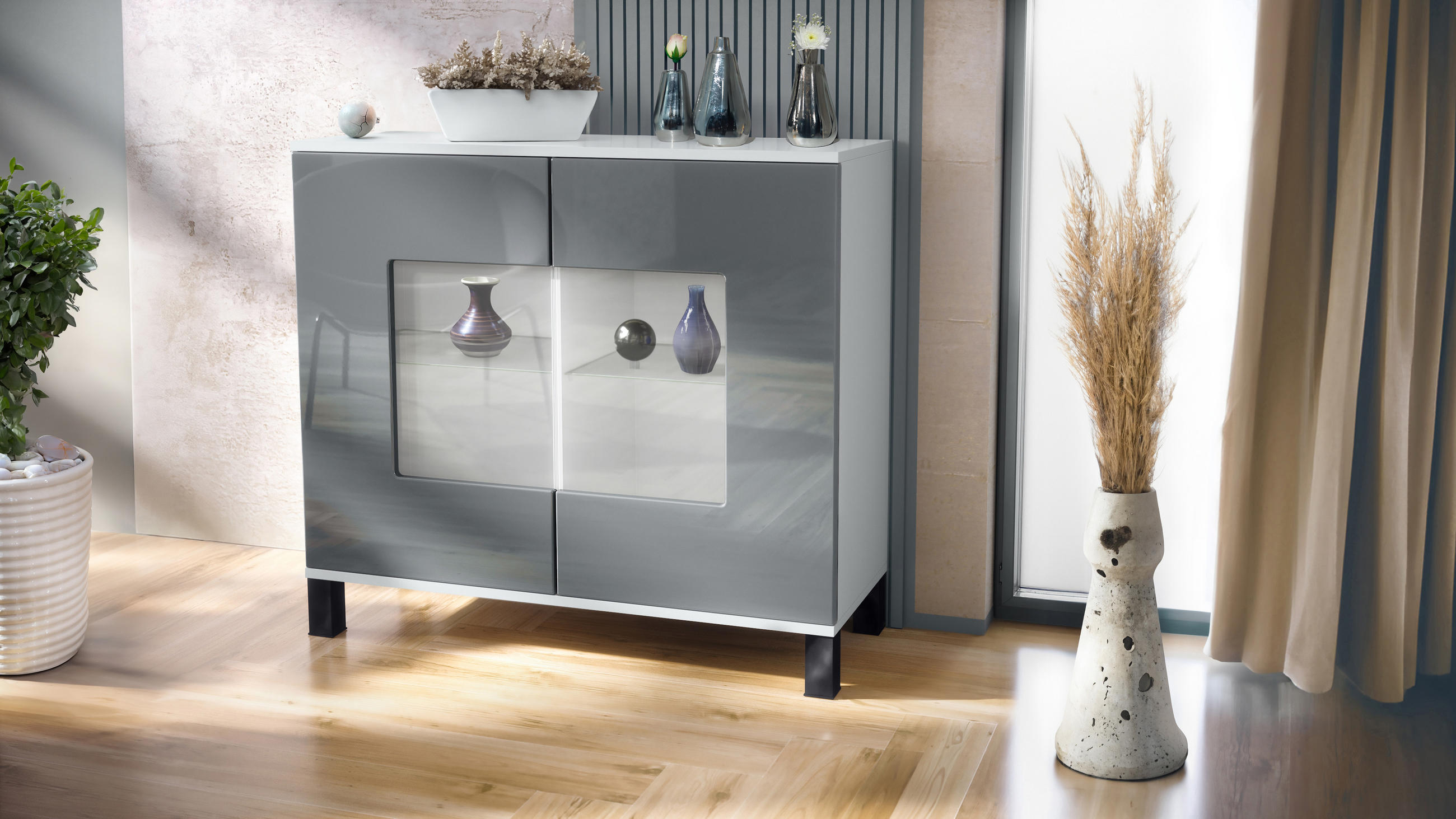 KOMMODE Grömitz Grau Hochglanz - Grau, Holzwerkstoff (92.5/84.5/35cm) - Vladon