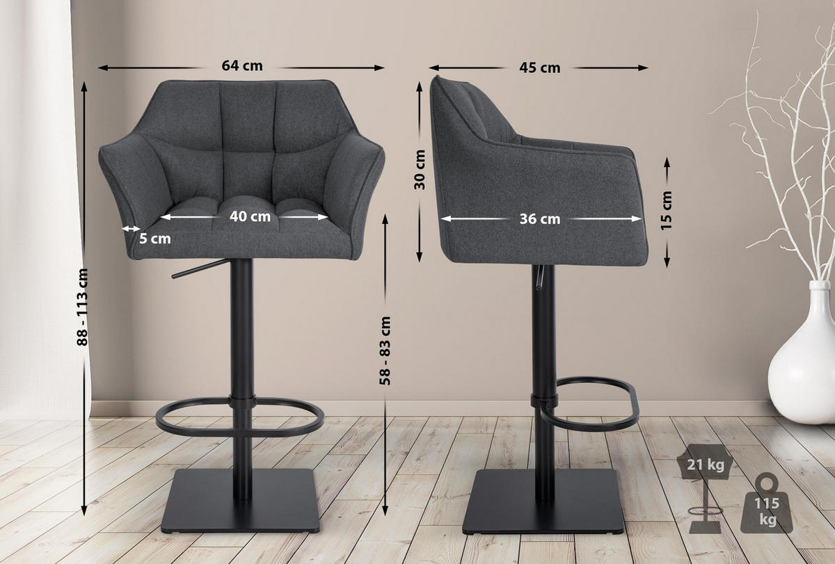 BARHOCKER Damaskus B Filz grau - Schwarz/Grau, Textil/Metall (64/110/48cm) - TPFLiving