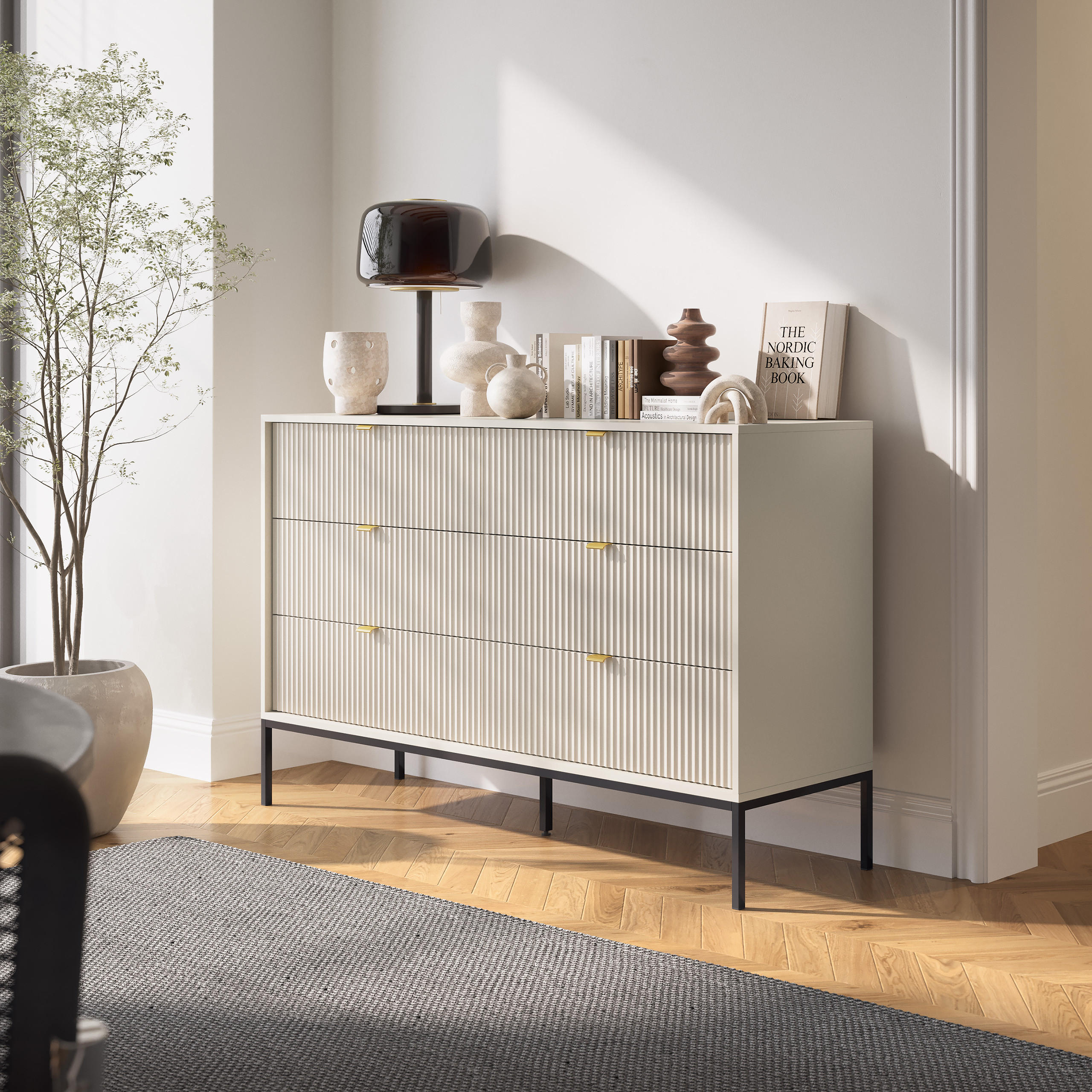 SIDEBOARD STELLARE 154/91/39cm mit 6 Schubladen Kaschmir - Kaschmir/Goldfarben, Holzwerkstoff (154/91/39cm) - MASSENO