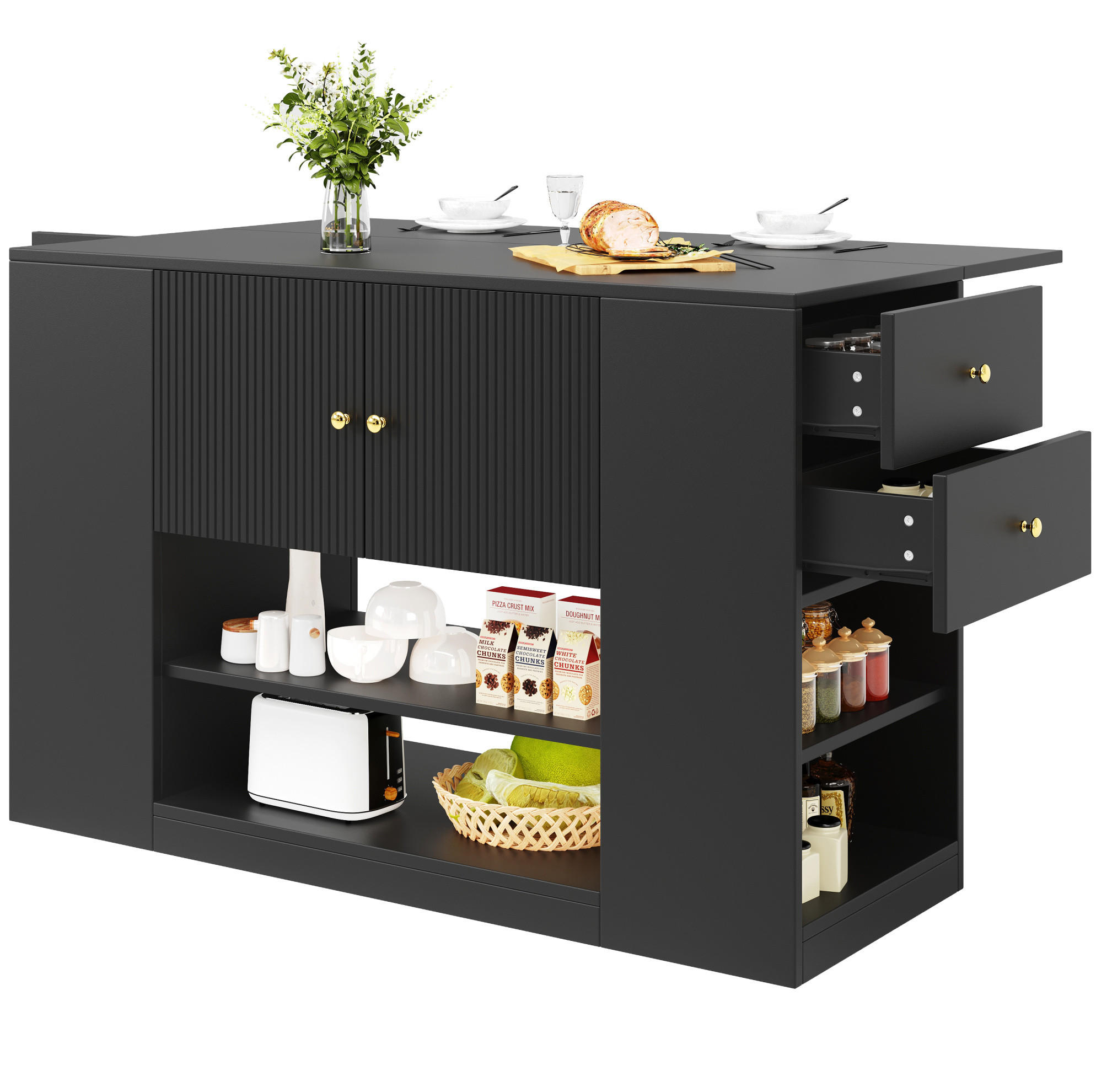 Modfu KUCHYŇSKÝ ostrůvek z MDF 140x40x90 cm černý se sklopnou deskou, zásuvkami a policemi