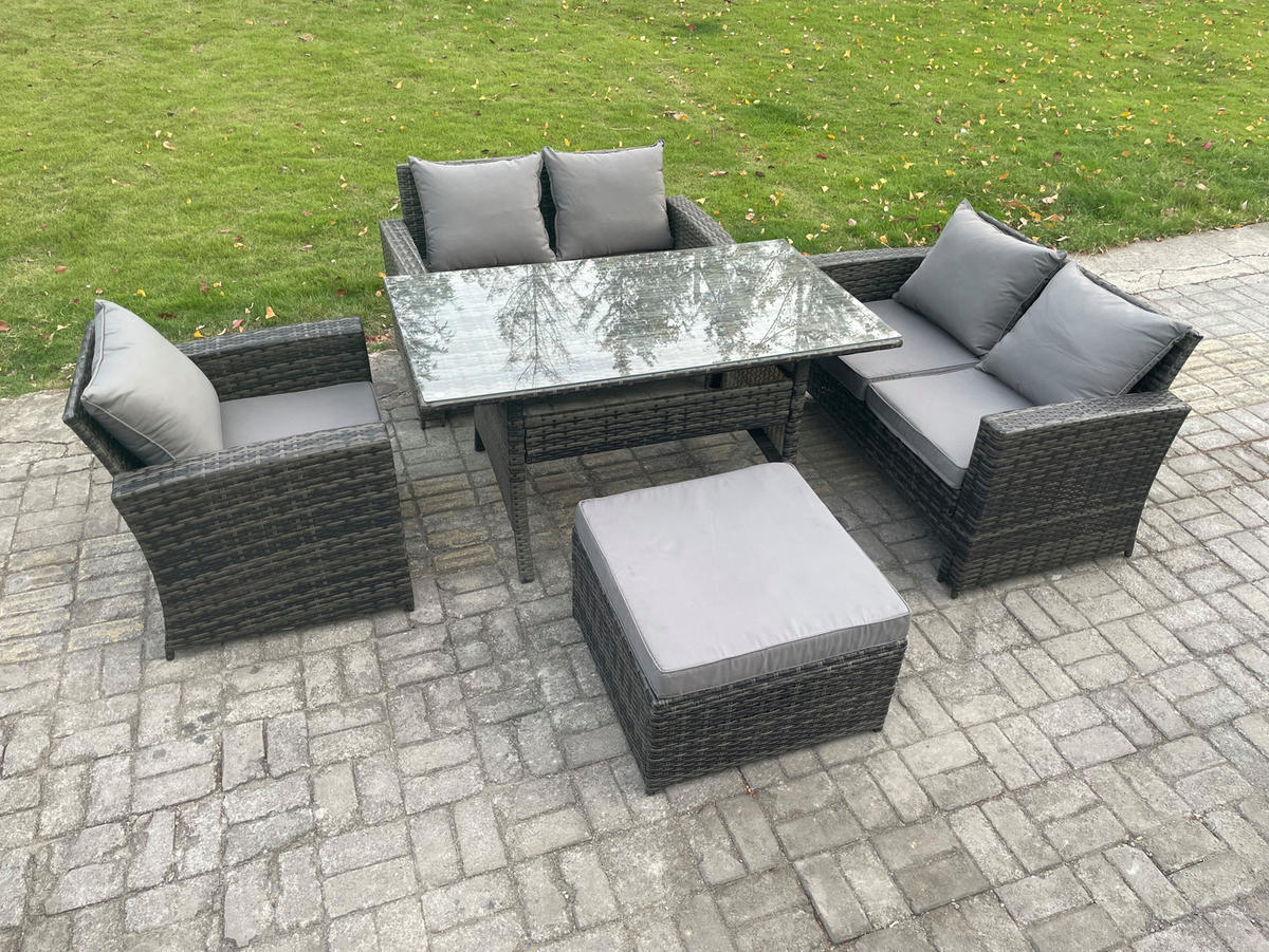 GARTENMÖBELSET mit 2-Sitzer Sofa,3 Hockern,Esstisch Polyrattan Dunkelgrau 6-Sitzer - Dunkelgrau/Grau, Glas/Kunststoff - Fimous