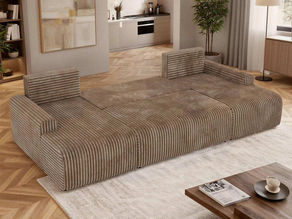 WOHNLANDSCHAFT NESSARO U Braun Cord - Schwarz/Braun, Kunststoff/Textil (312/92/151cm) - MKS