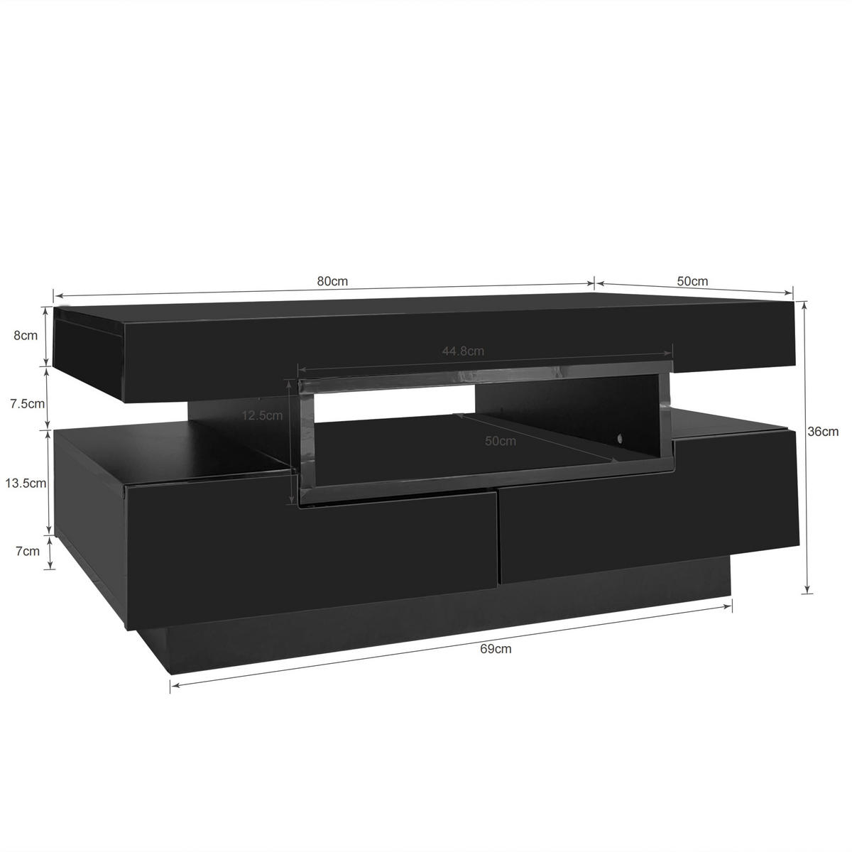 COUCHTISCH 80/50/36 cm Hochglanz schwarz mit LED-Lichtleiste und 4 Schubladen - Schwarz, Holzwerkstoff (80/50/36cm) - OKWISH