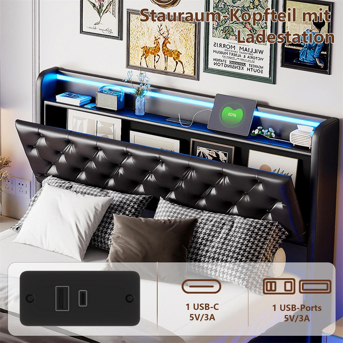 POLSTERBETT 140x200 cm mit LED-Beleuchtung - USB-Anschluss - Kopfteil-Stauraum und hydraulischem Stauraum - Schwarz - Schwarz, Textil (140/200cm) - DELFA