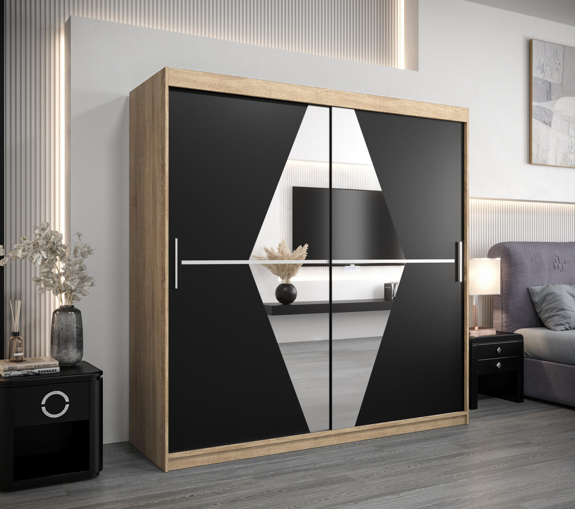 SCHWEBETÜRENSCHRANK 200/200/62 2-türig - Silberfarben/Schwarz, Holz/Kunststoff (200/200/62cm) - Abiks Möbel