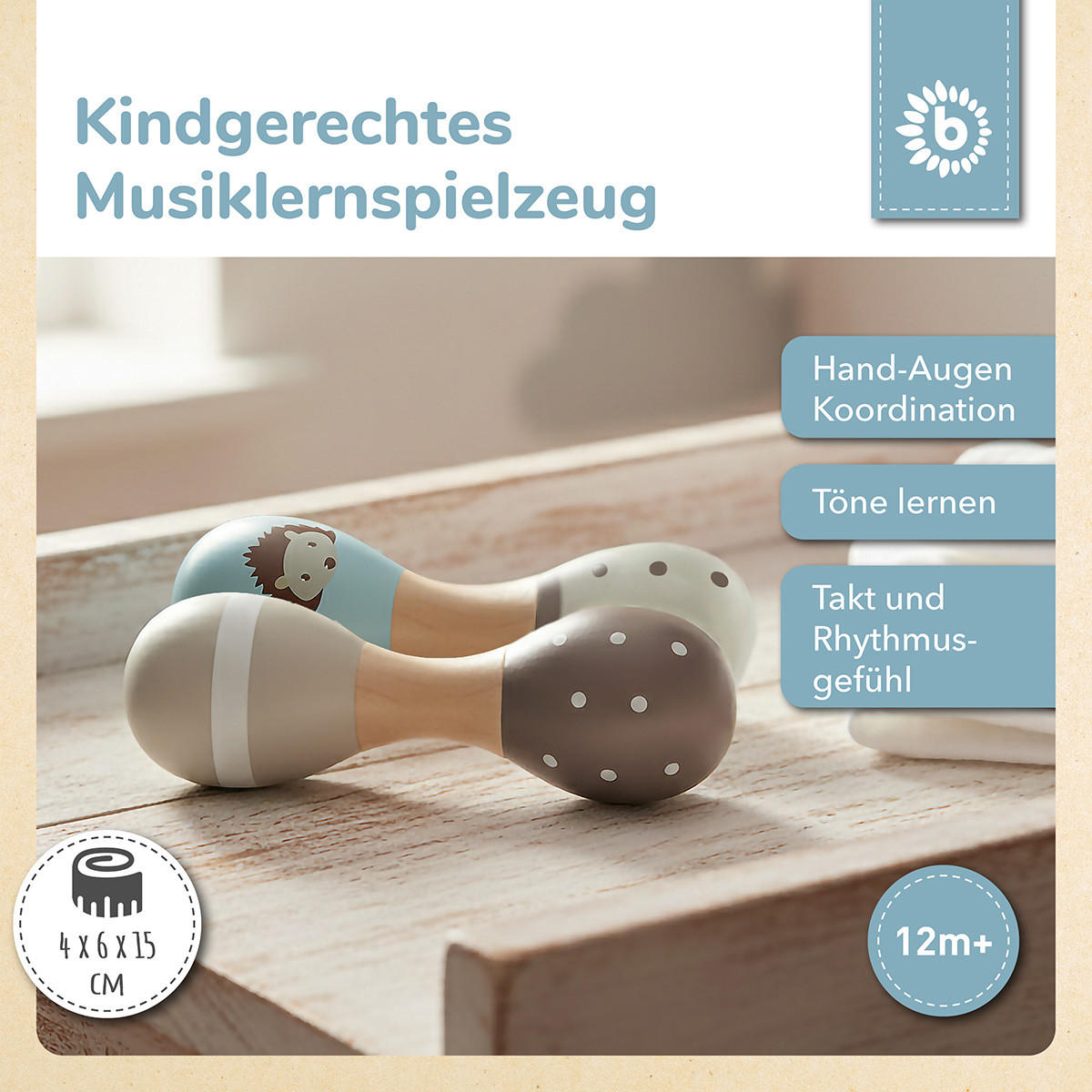 BABY-HOLZRASSEL Igel Hantelrassel 2er Se - Multicolor, Holz (5/15cm) - Bieco Spielwaren