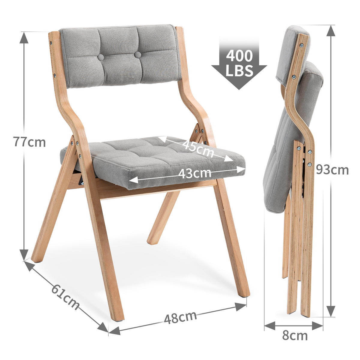 KLAPPSTUHL gepolstert 2er-Set Holz Grau - Grau, Holz (48/77/61cm) - Meubliv
