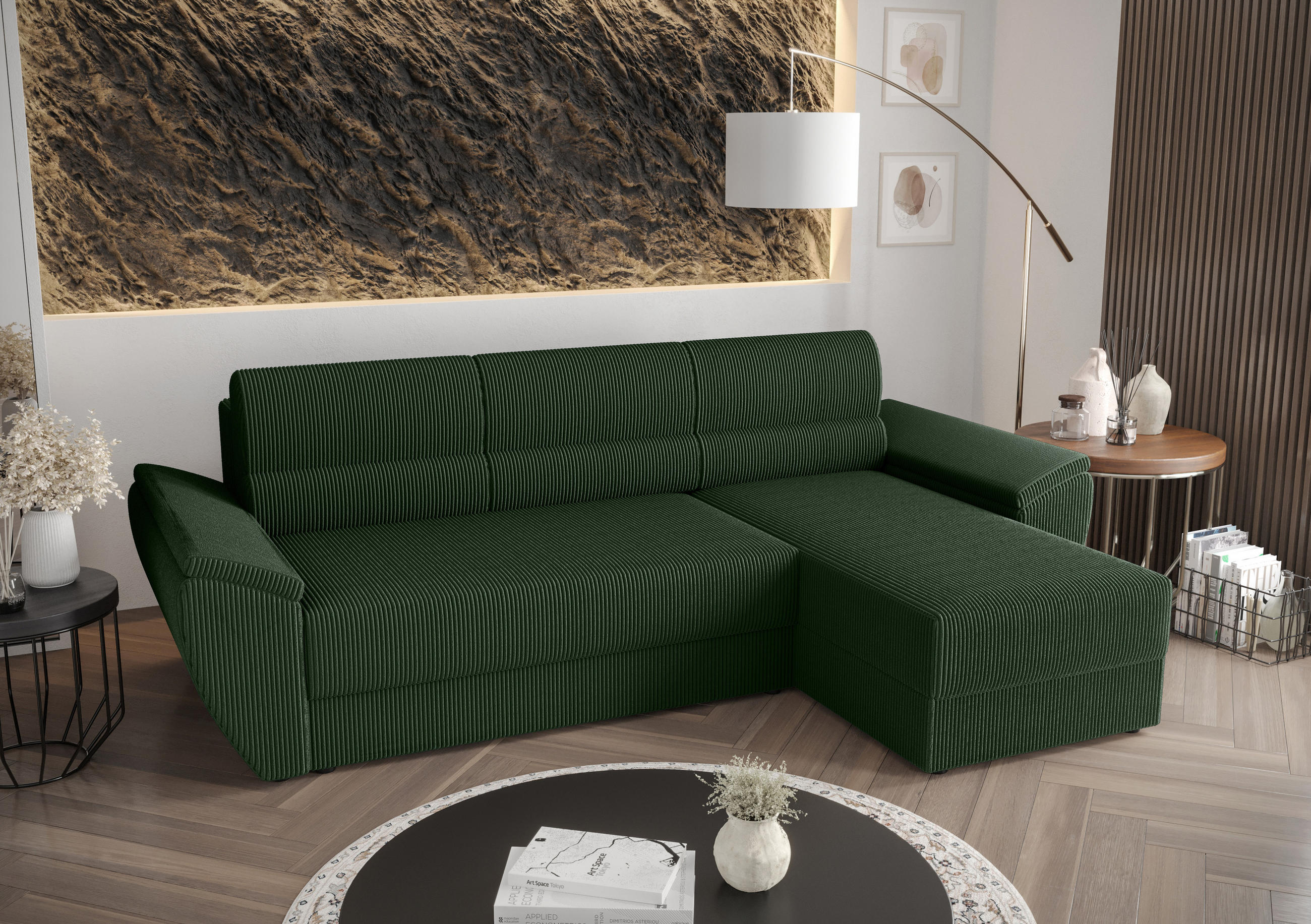 ECKSOFA L REBI L2 Poso 14 Rechts mit Schlaffunktion, Grün, L-Form - Grün, Textil (251/140cm)