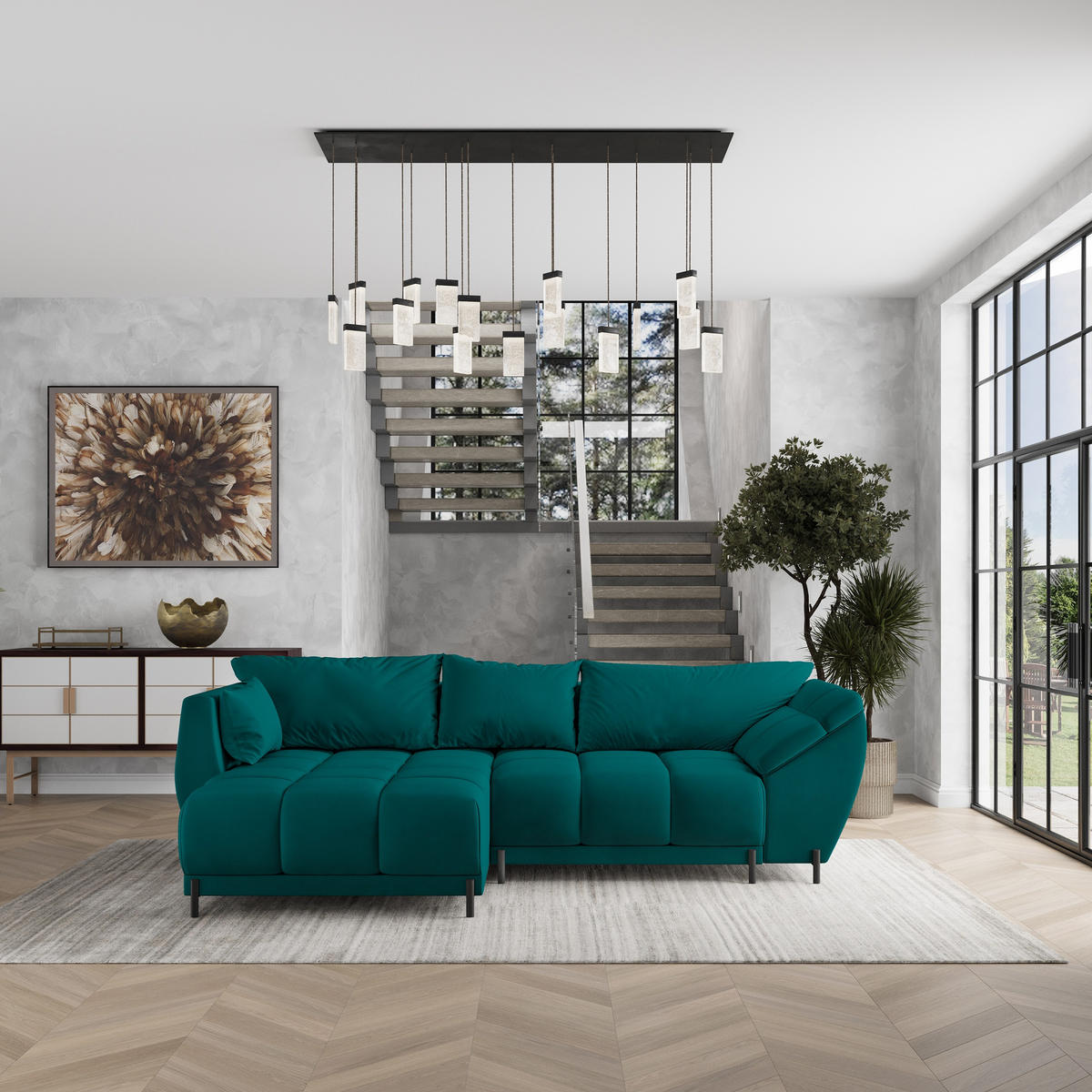 ECKSOFA VESTANO L-S Blau Velours-Stoff mit Schlaffunktion - Blau, Holz (287/182cm) - MASSENO