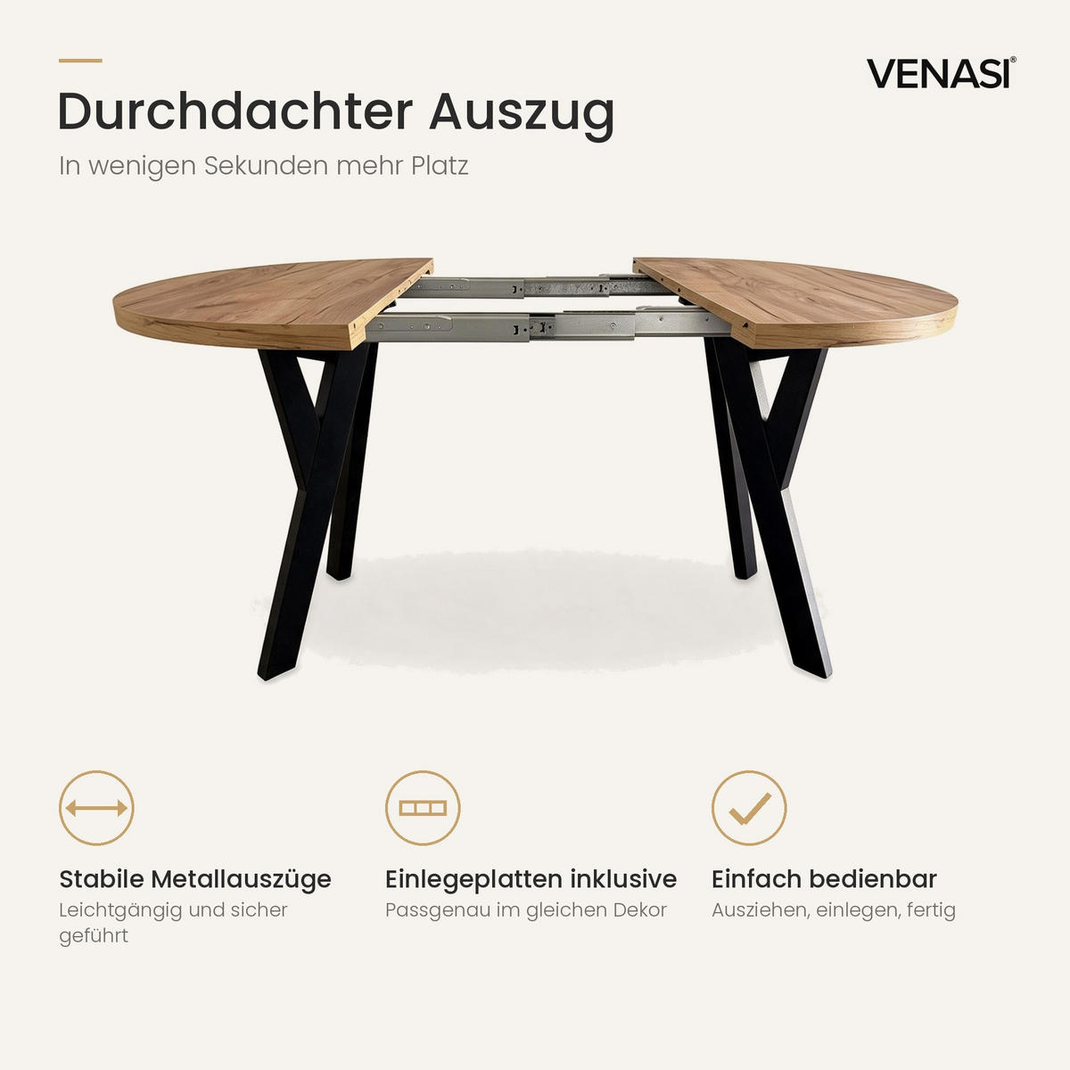 ESSTISCH ausziehbar rund 90-190 cm ATO Craft, Auszugstisch mit Einlegeplatte - Schwarz/Braun, Holzwerkstoff (90/90/77cm) - VENASI MÖBEL