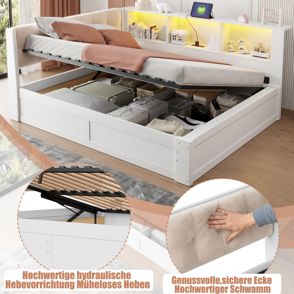 BETT 140/200 cm in Weiß mit Bettkasten, Regal und USB aus Kiefernholz und MDF - Beige/Weiß, Holzwerkstoff/Textil (140/200cm) - STILVORA