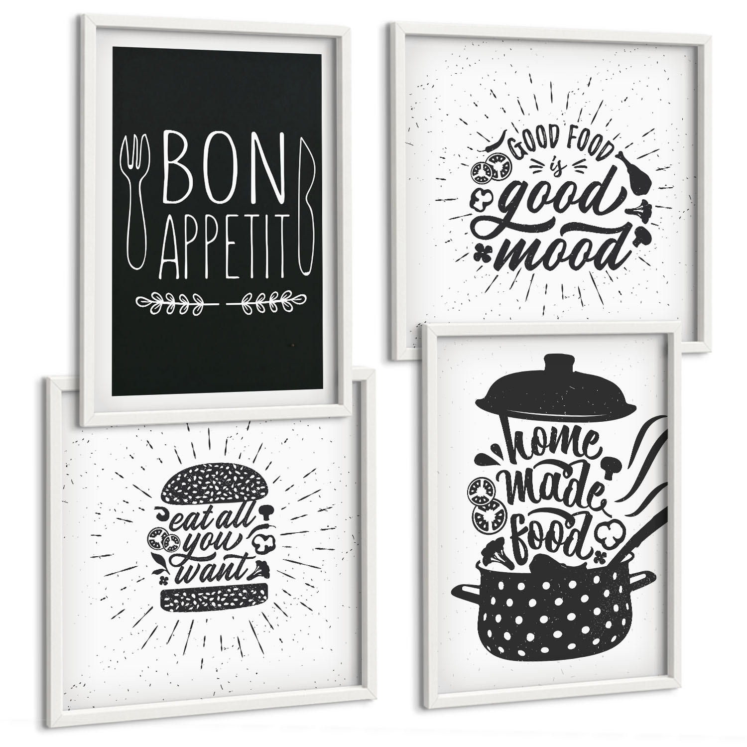 BILDER SET 4er Set - 50x50 cm & 40x60 cm Weißer Rahmen - Grafiken, Lebensmittel, kulinarische Slogans - Weiß, Kunststoff (50/50cm) - TULUP