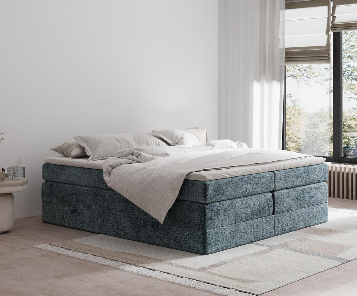 BOXSPRINGBETT Juniper Blau 200/200 cm - Blau/Schwarz, Holz/Holzwerkstoff (200/200cm) - Maison de Reve