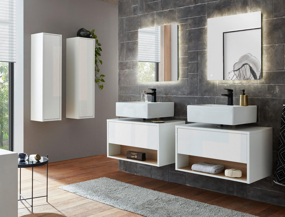 BADMÖBEL-SET 2-teilig weiß Hochglanz und Eiche, Badezimmer Set mit LED Beleuchtung, 80 cm - Weiß Hochglanz, Glas/Holzwerkstoff (80/190/46cm) - Furn.Design