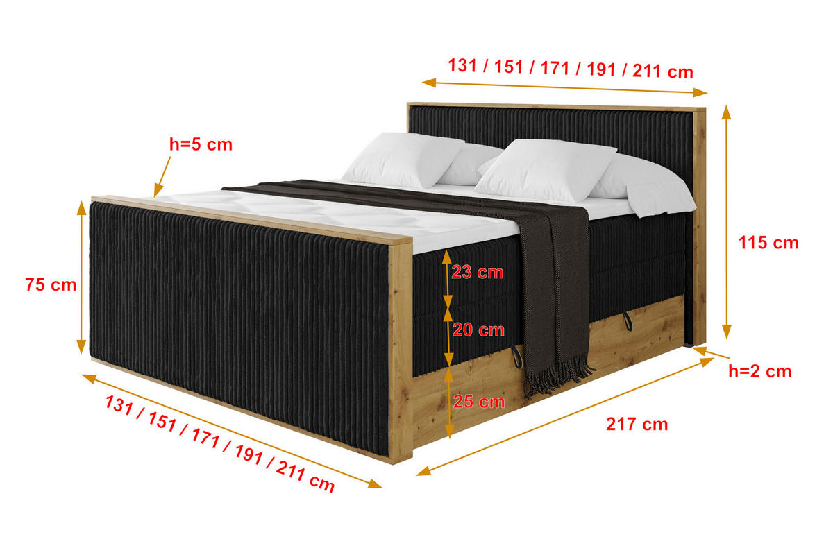 BOXSPRINGBETT LOLLI9 -Z-KING 120x200 - H3/H4 Schwarz - Schwarz, Holzwerkstoff (120/200cm) - ALTDECOR