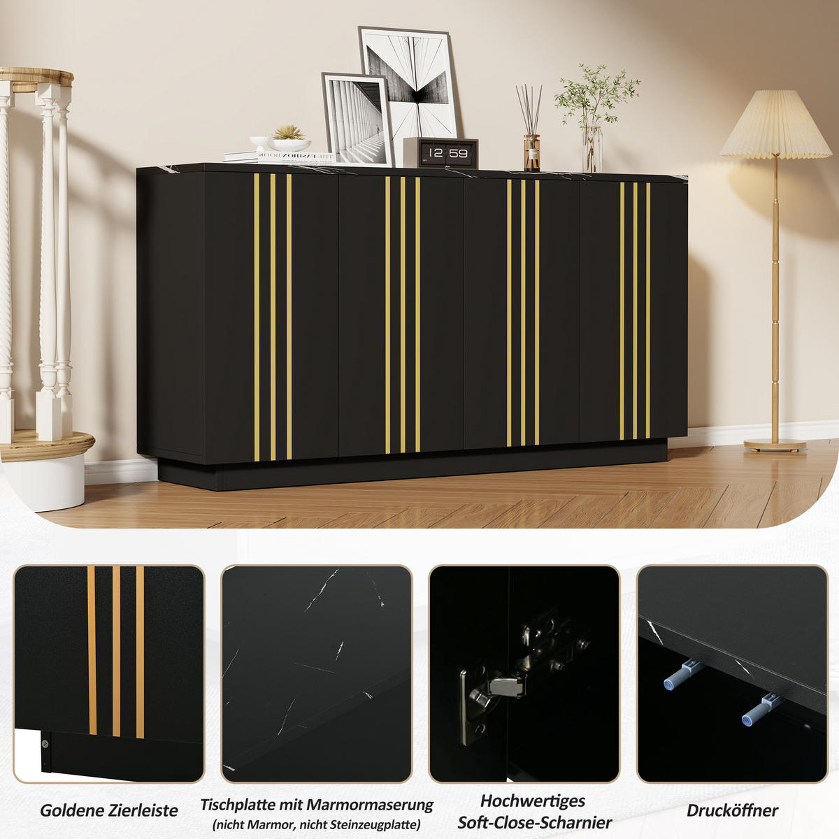 SIDEBOARD Schwarz Gold 4 Türen 140cm verstellbar Modern Schrank - Schwarz, Holzwerkstoff (35/70/140cm) - FLIEKS