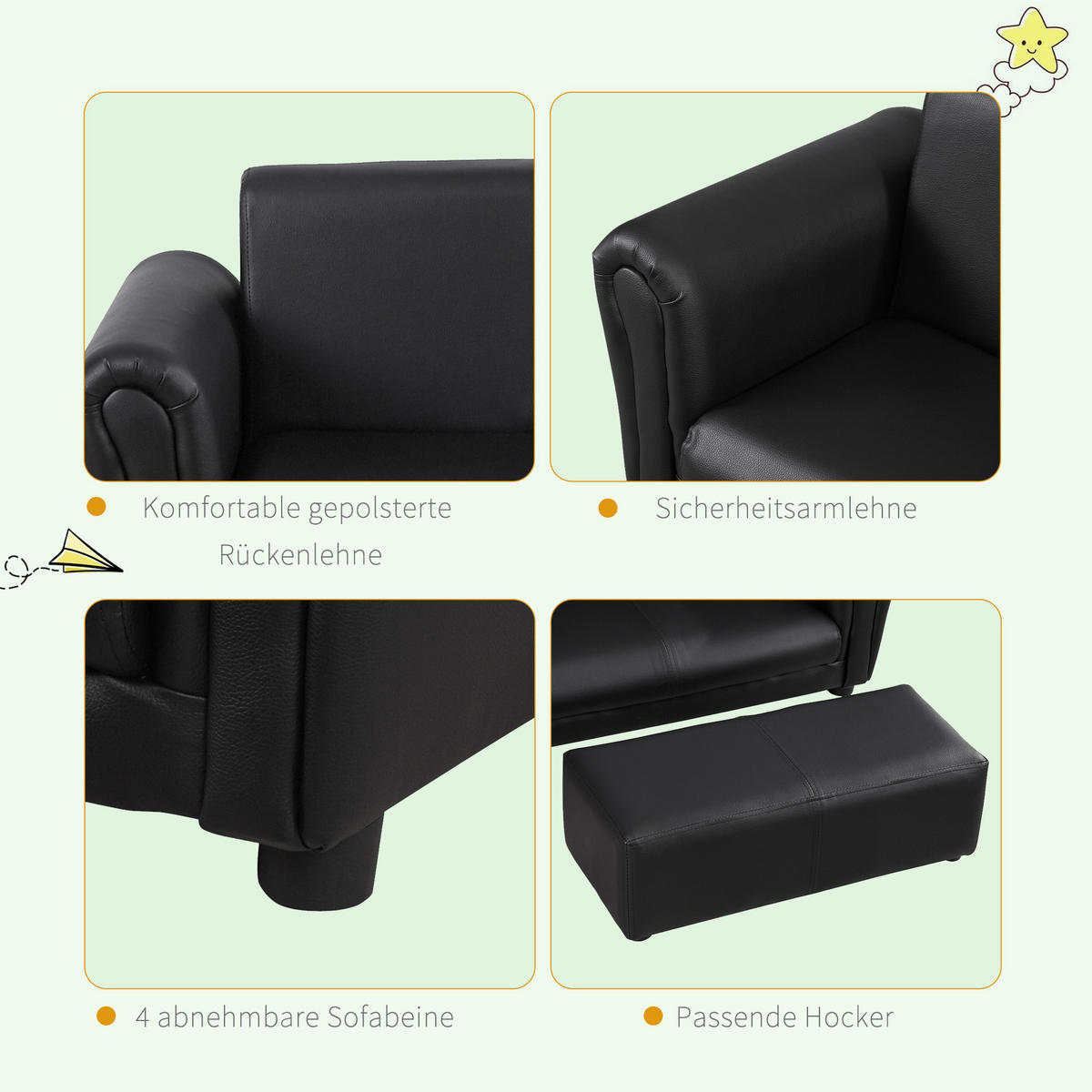 KINDERSESSEL, Schwarz, Holz, PVC - Schwarz, Holz (42/41/83cm) - HOMCOM