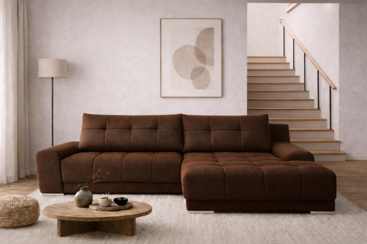 ECKSOFA WAVE Mit Schlaffunktion, Stoff SORO, Braun Rechts - Braun, Holz (281/105cm) - Kaiser Möbel
