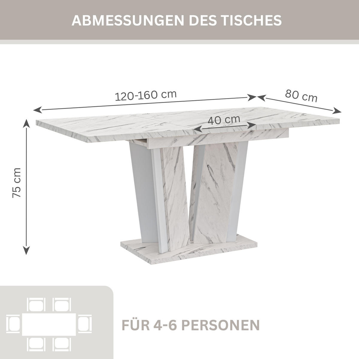 ESSTISCH Ausziehbar 120-160 cm Weiß Marmor-Optik - Weiß, Holzwerkstoff (160/80/75cm) - Home Collective