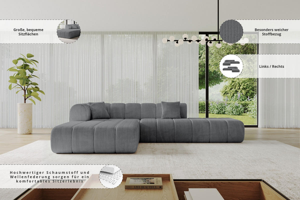 ECKSOFA Ottomane Links BILA-L 289x176x71 Dunkelgrau Cord - Dunkelgrau/Anthrazit, Holzwerkstoff/Kunststoff (176/289cm) - ALTDECOR