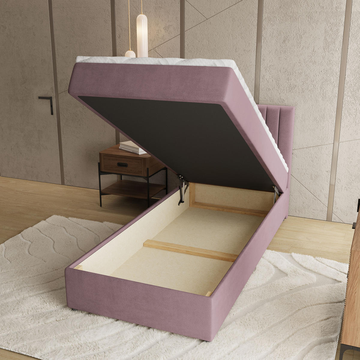 BOXBETT BRESEL 100 100x200 cm mit Matratze und Topper, H2+H3 - Rosa - Rosa, Holz (100/200cm) - MASSENO