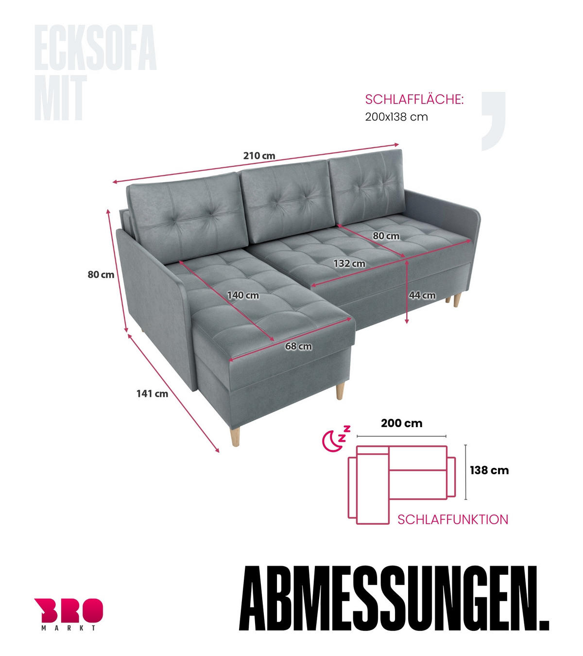 ECKSOFA Fado mit Schlaffunktion Grau Samtstoff - Grau, Textil (210/141cm) - Bromarkt