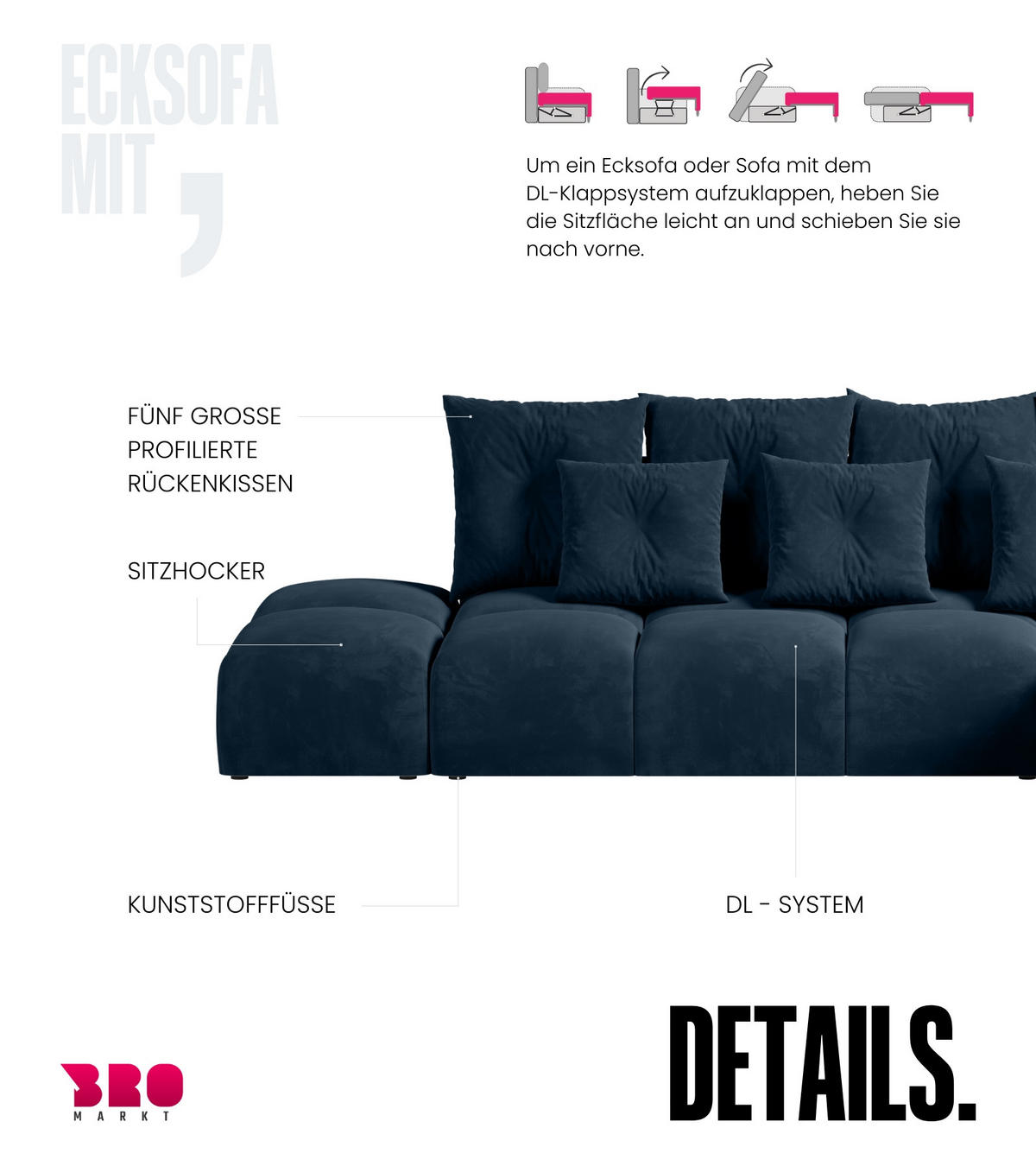 ECKSOFA mit Schlaffunktion RAMIRO Blau - Blau, Textil (325/185cm)