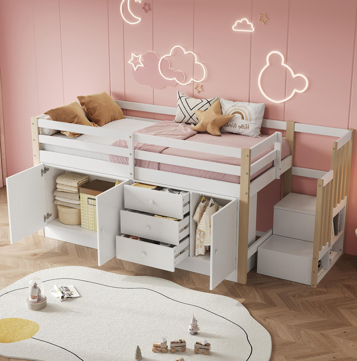 VISOKA postelja 90/200 cm bela z lestvenimi stopnicami, predali in omarama iz MDF - bela, leseni material (90/200cm) - OKWISH