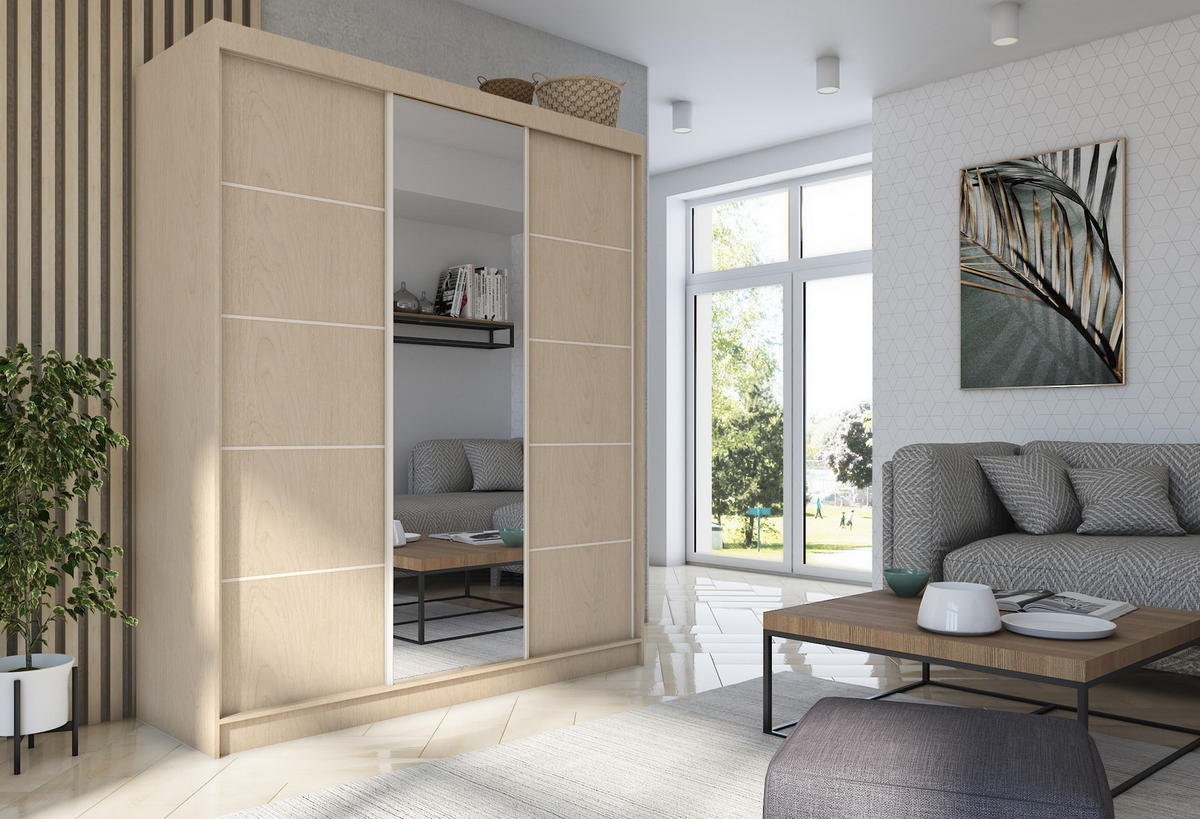 SCHWEBETÜRENSCHRANK MIRELLA 180/216/61 cm 3-türig mit Spiegel Sonoma Eiche - Sonoma Eiche, Holzwerkstoff (180/216/61cm) - MASSENO