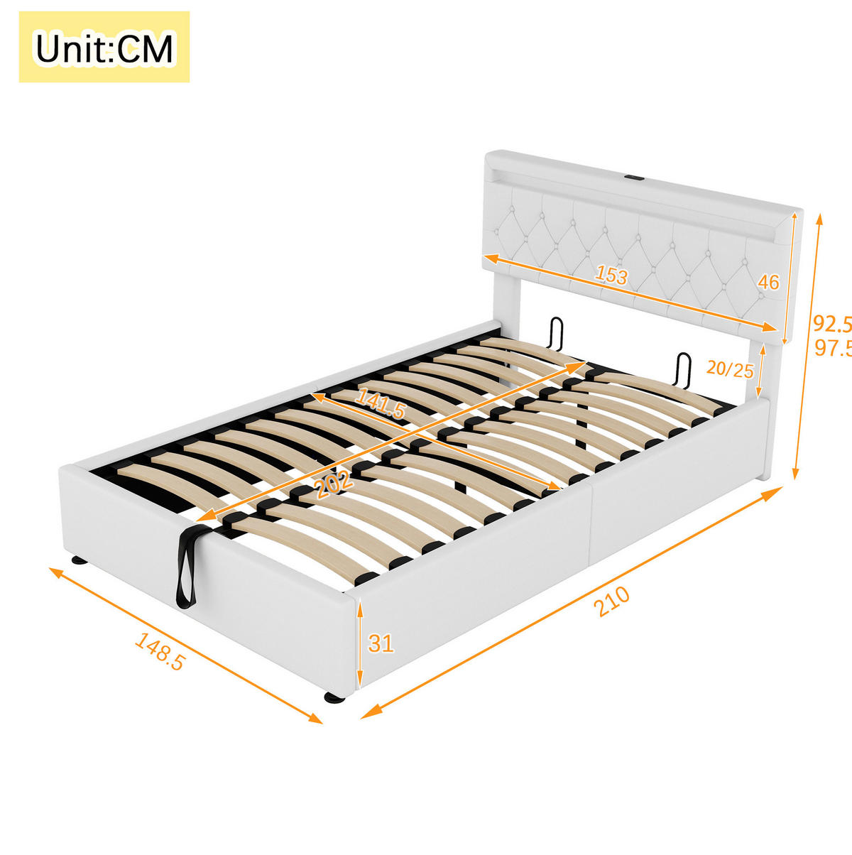 POLSTERBETT aus Leinen und MDF 140x200 cm Weiß mit LED-Beleuchtung, USB-C und hydraulischem Bettkasten - Weiß, Textil (140/200cm) - IVMEU