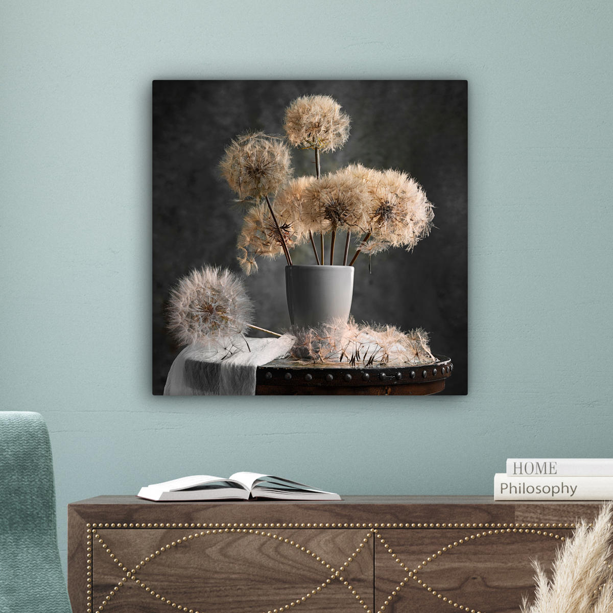 LEINWANDBILD Blumensamen - Löwenzahn - Vase - Stilleben - Blumenstrauß 50x50 cm - Dunkelgrau, Textil (50/50cm) - MuchoWow