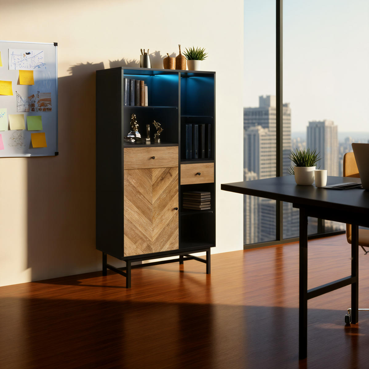 HIGHBOARD mit LED-Beleuchtung und Regalen, 80/40/150.5cm - Schwarz, Glas/Holzwerkstoff (80/150.5/40cm) - Urban Meuble