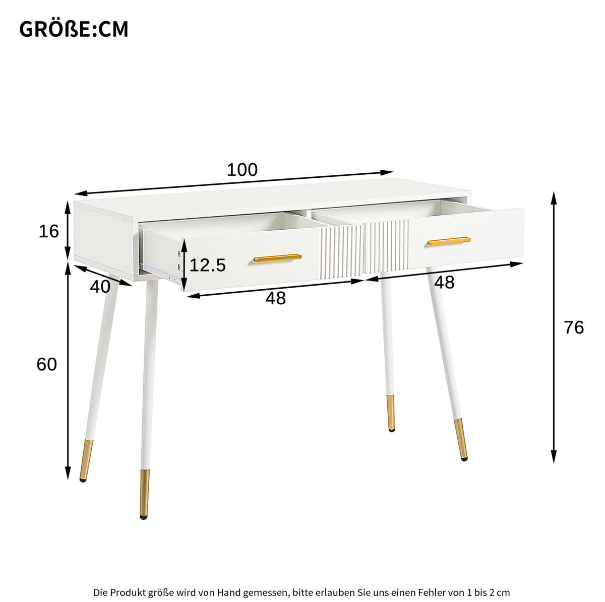 SCHMINKTISCH 100/40/76 cm in Weiß mit 2 Schubladen und goldfarbenen Metallfüßen - Weiß, Holzwerkstoff (40/76/100cm) - Flora Grace