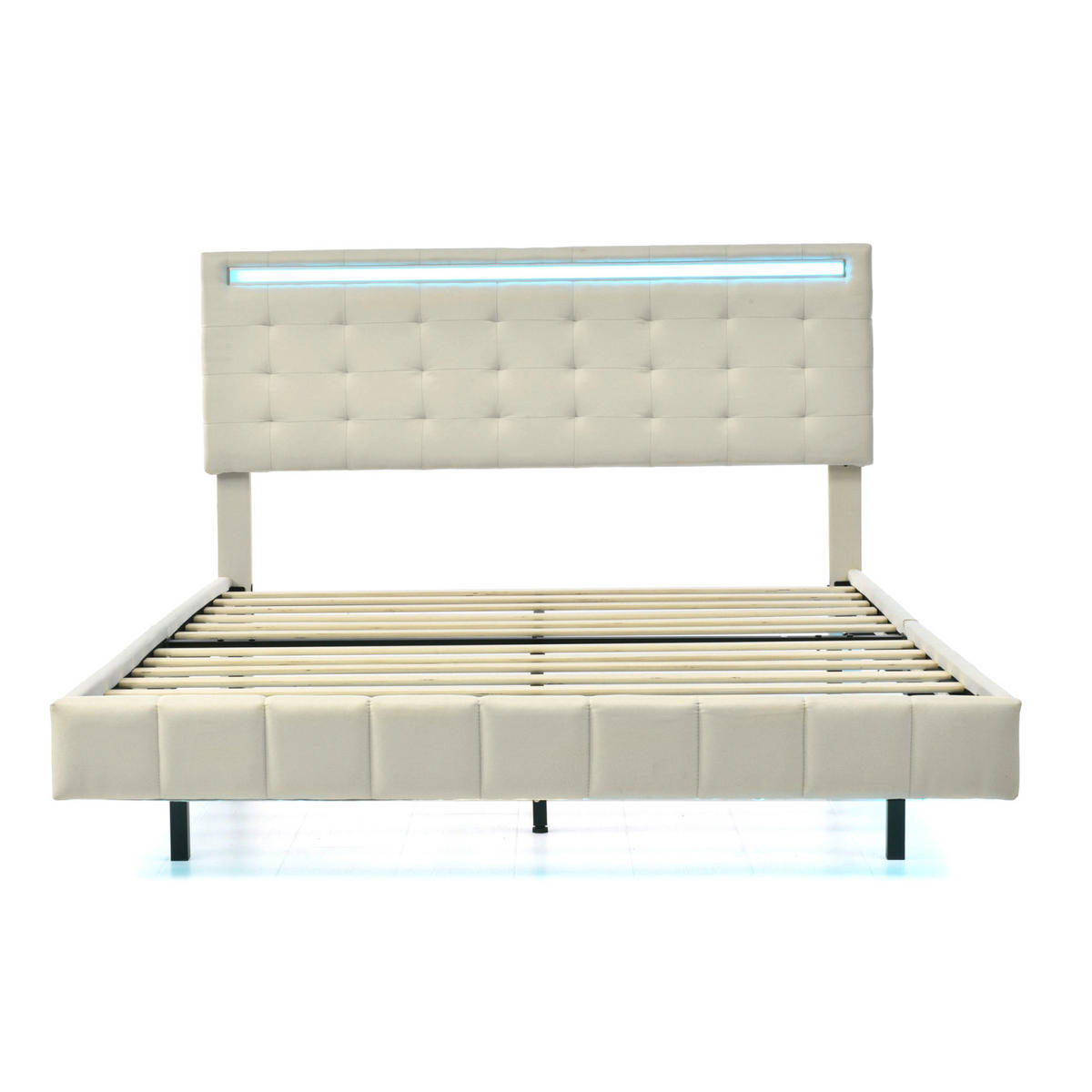 POLSTERBETT 140x200 cm, Beige, mit LED-Beleuchtung & USB - Beige, Textil/Metall (160/200cm)