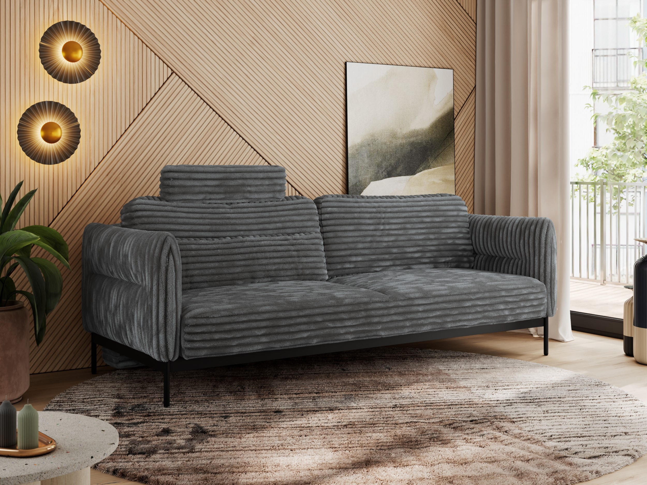 SOFA SALENTO Dunkelgrau Cord - Dunkelgrau/Schwarz, Textil/Metall (221/82/101cm) - MKS