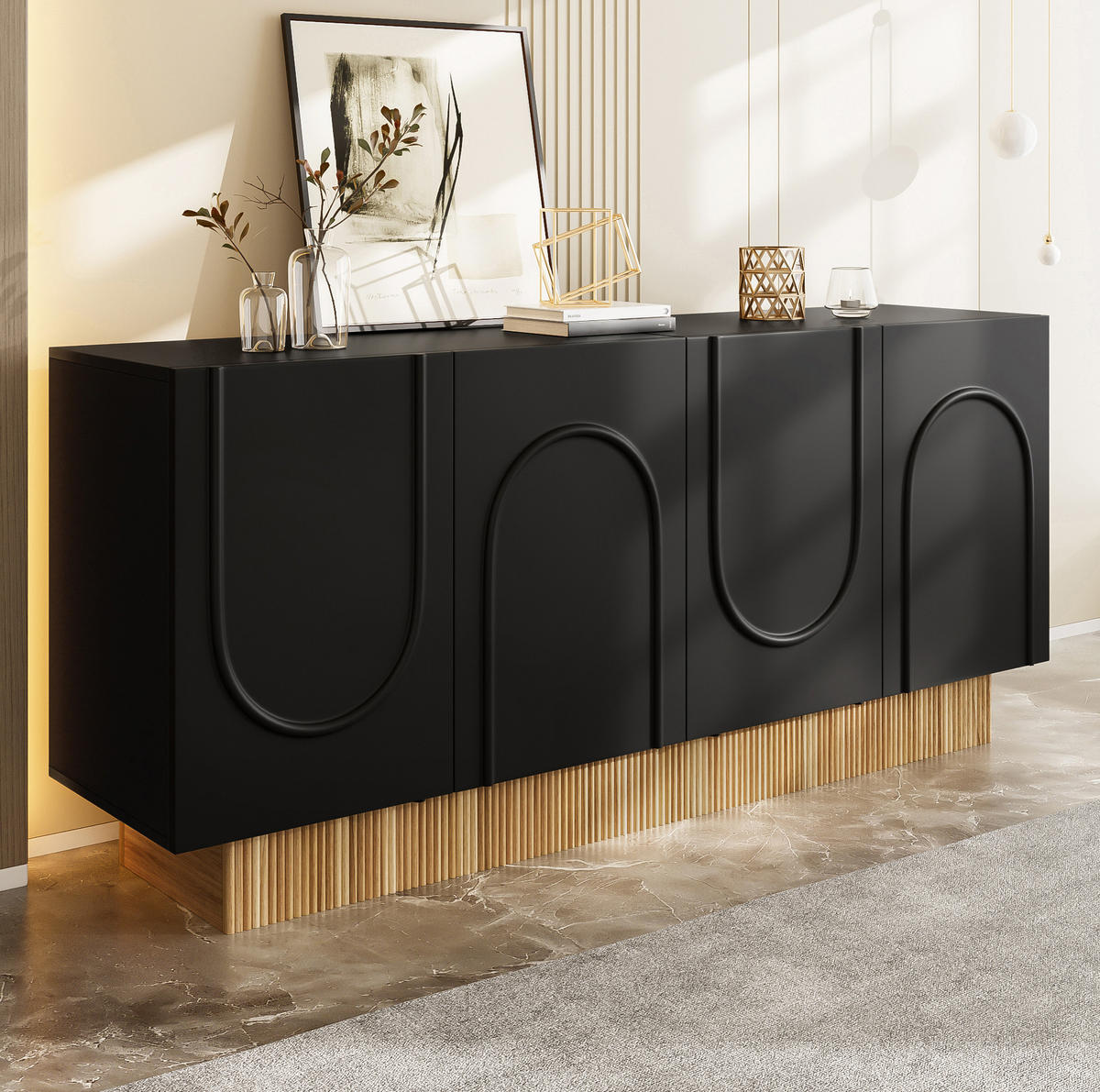 KOMMODE 160/38/75 cm aus Spanplatte mit 4 Türen und U-Relief Schwarz (Holzoptik) - Schwarz, Holzwerkstoff (160/75/38cm) - Modenvie