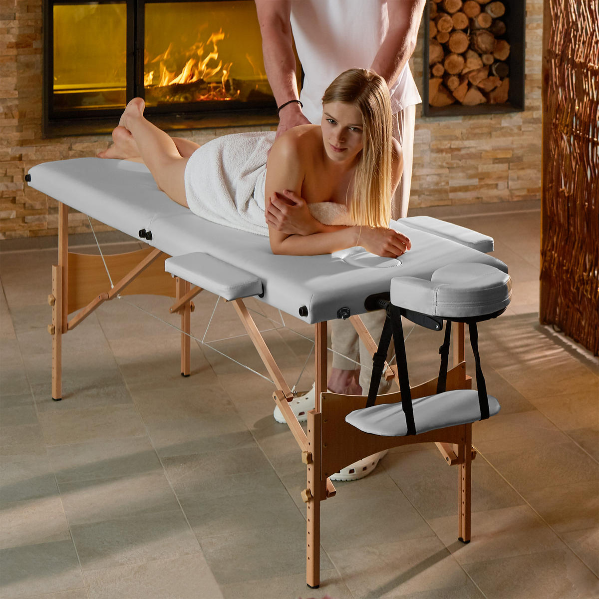 MASSAGELIEGE 2 Zonen Freddi,210 x 95 x 84 cm,weiß - Weiß, Holz (95/84/210cm) - tectake