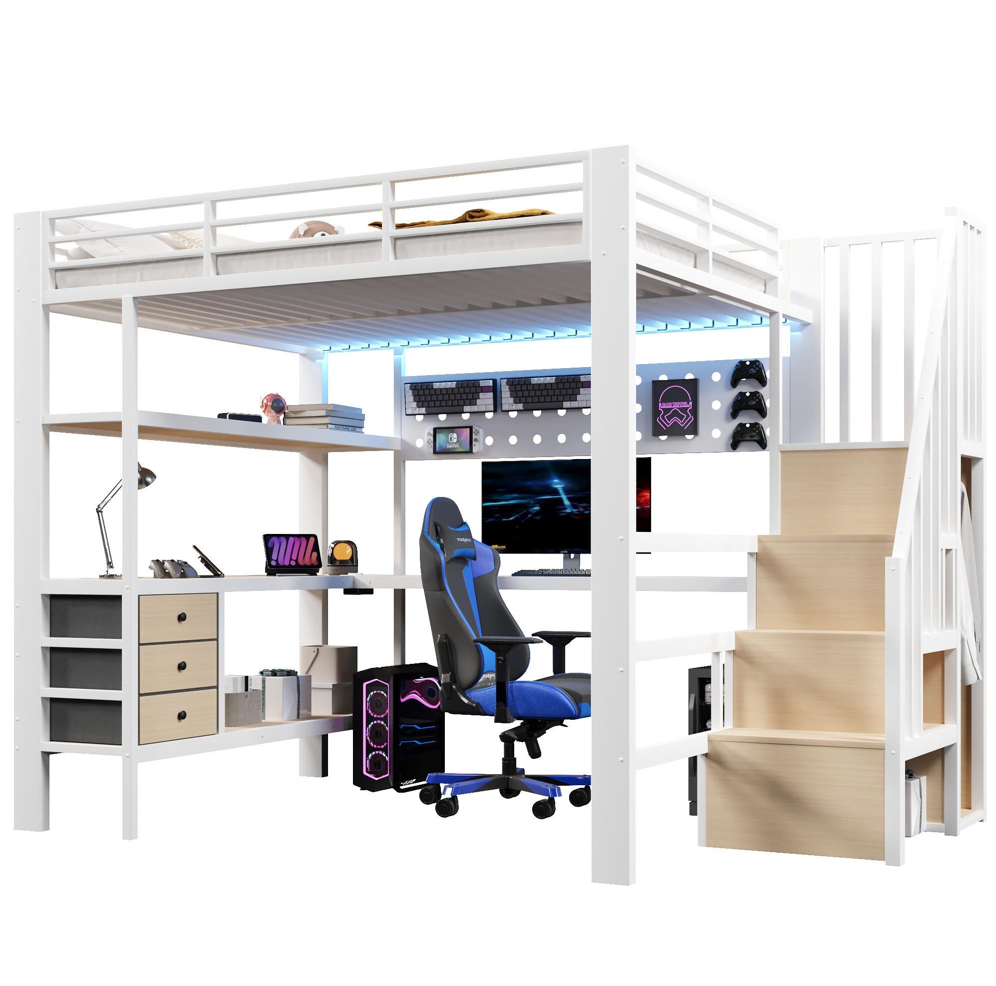 OKWISH VYSOKÁ posteľ 140/200 cm biela z kovu a MDF s písacím stolom zásuvkami LED osvetlením a zásuvkou