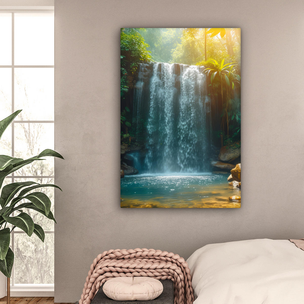 LEINWANDBILD Wasserfall - Dschungel - Sonne - Grün - Natur Deko Groß 90x140 cm - Grün, Textil (90/140cm) - MuchoWow