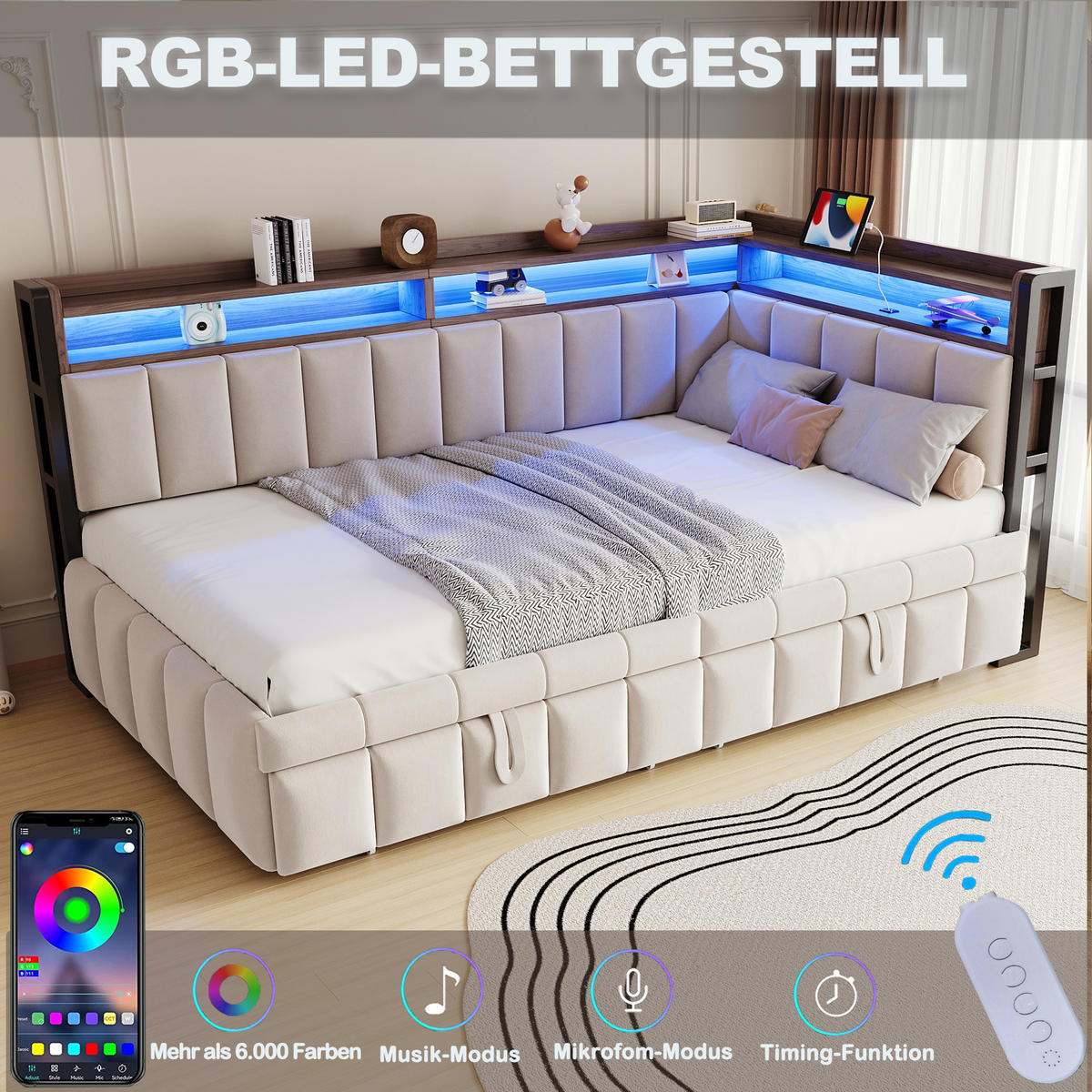 SCHLAFSOFA 90x200cm mit Ausziehbett, LED, USB-C, Beige - Beige, Textil (90/200cm) - FLIEKS