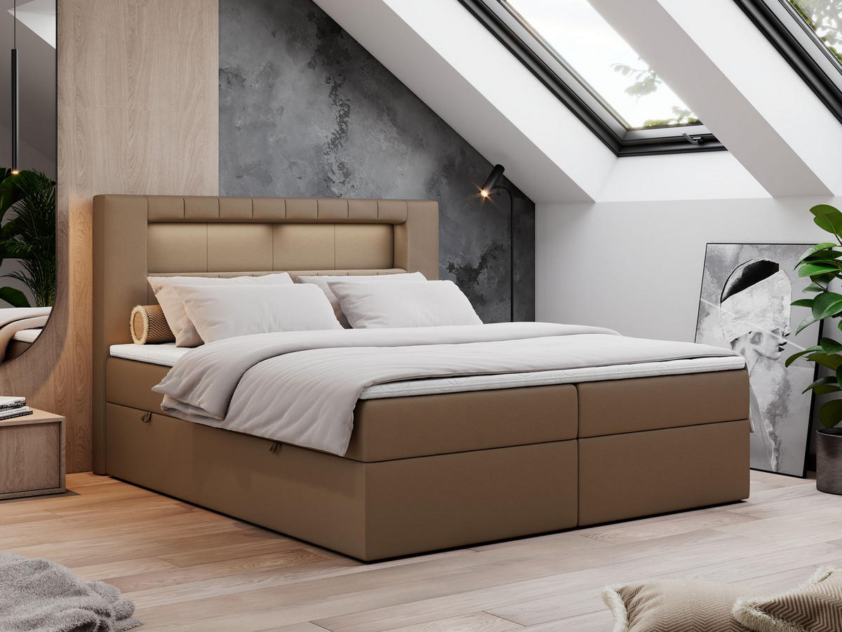 BOXBETT GOLD-5 LED 200/200 Braun Kunstleder - H3 - Braun, Holz/Textil (200/200cm) - MKS