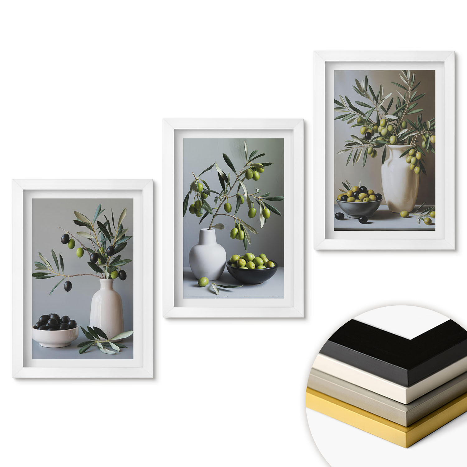 WANDBILDER 3er-Set - 20x30 cm Weißer Rahmen - Oliven in schlichten Vasen - Weiß, Kunststoff (20/30cm) - ArtPrintCave