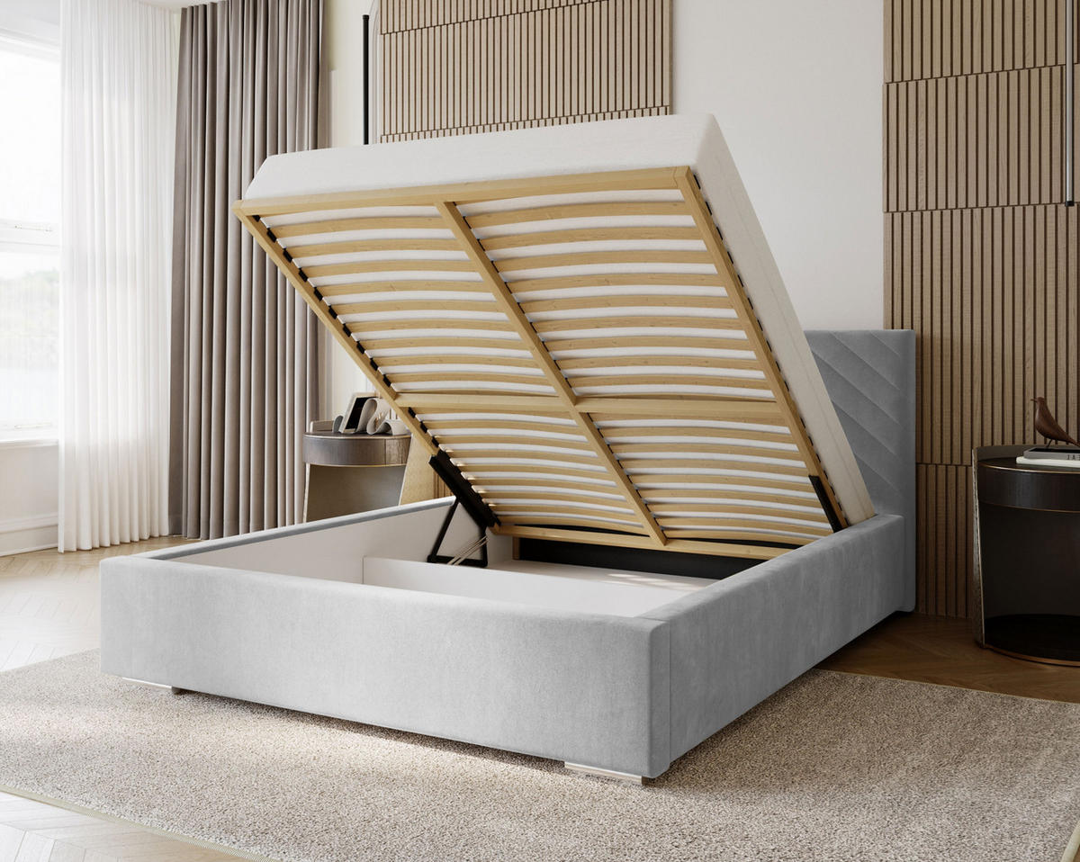 POLSTERBETT Aura 160x200 cm, Doppelbett mit Bettkasten und Lattenrost aus Holz, Velourstoff: Creme - Creme, Holz/Kunststoff (160/200cm) - Marpur