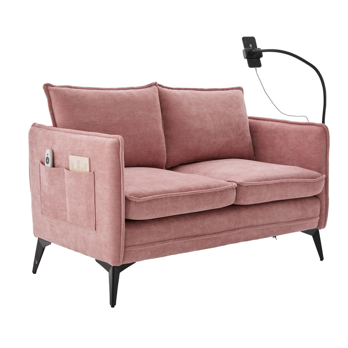 SOFA 2-Sitzer mit Handyhalterung und Ablagefächern Chenille Pink 127/69/66 cm - Rosa, Textil (127/66/69cm) - OKWISH
