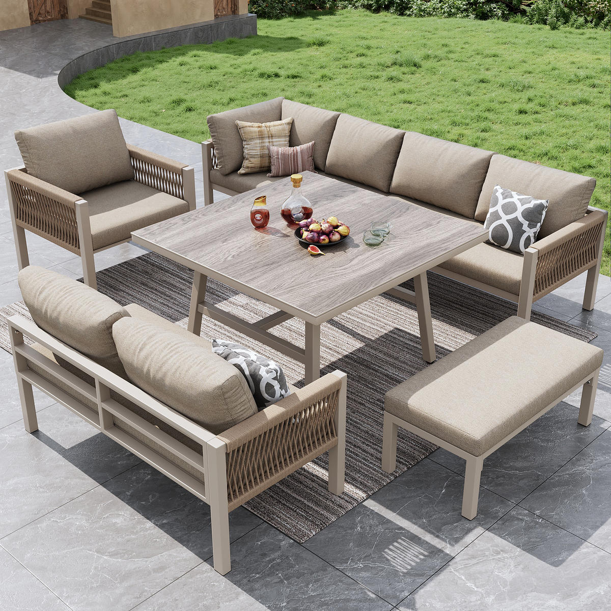 GARTENSETS aus Stahl 118x61x80cm Beige mit Glastisch & 8 cm Polstern - Beige, Metall - Modfu