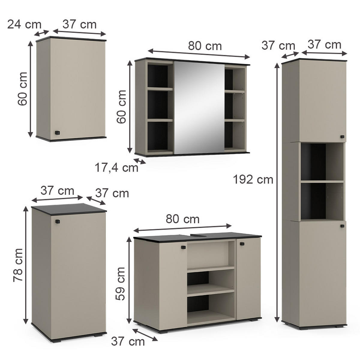 BADMÖBEL-SET Joli Greige 5 Teile - Greige/Schwarz, Holzwerkstoff (80/59/37cm) - Vicco