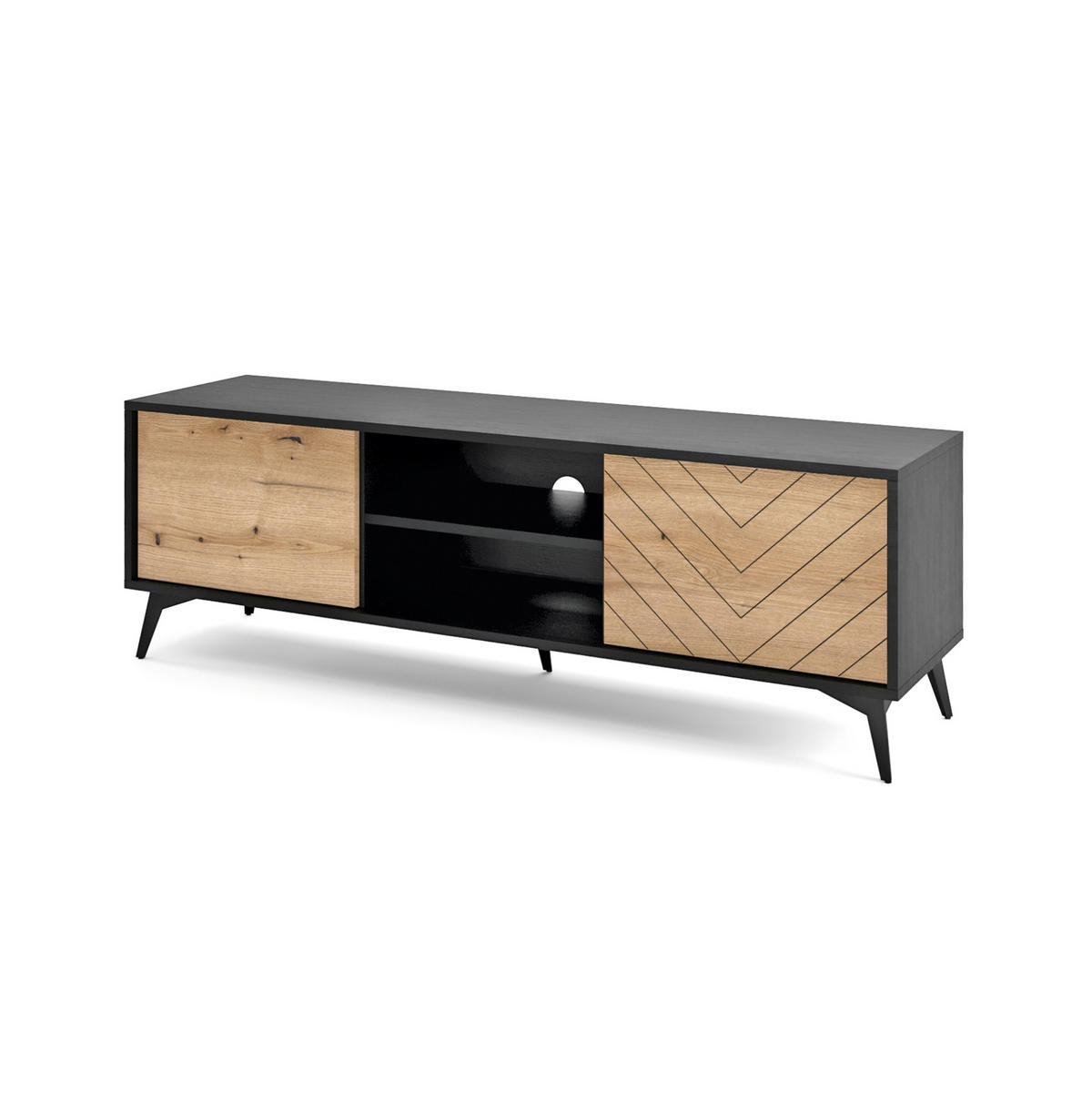 TV-SCHRANK Boulia Schwarz mit Fischgrätfronten in Eiche 154 cm - Eichefarben/Schwarz, Holzwerkstoff/Metall (154/50/39cm) - Selsey